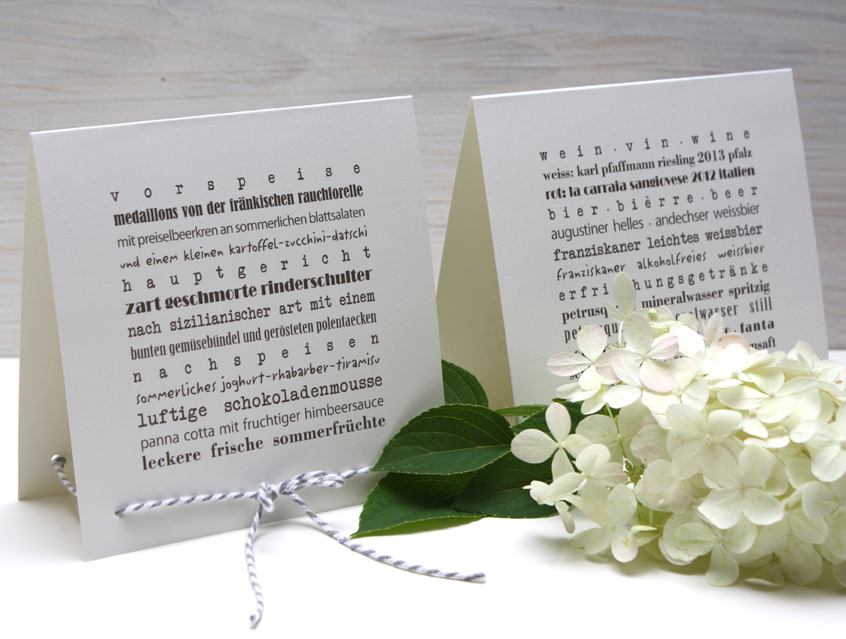 no. 7120 - Menüaufsteller quadratisch passend zu Hochzeitskarte Liebe im Quadrat Karte Papeterie Hochzeitspapeterie vanille elfenbein grau modern verschiedene Schriften Typo