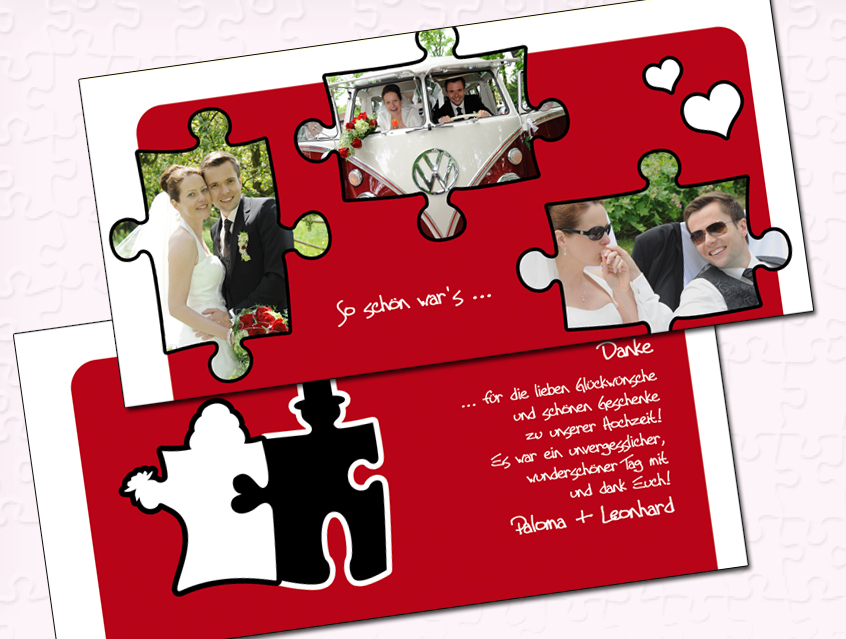 no. 7125 - Dankeskarte Hochzeit Danksagung Danke an Gäste Hochzeitskarte Puzzle Papeterie Hochzeitspapeterie rot weiß schwarz Puzzleteile Passt perfekt