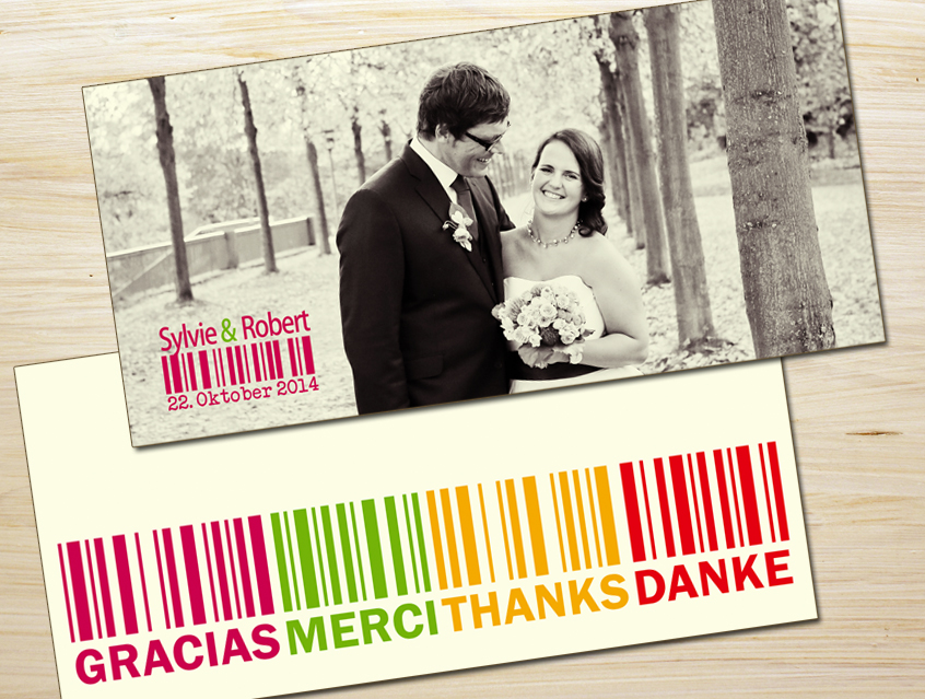no. 7128 - Dankeskarte Hochzeit Danksagung Danke an Gäste Hochzeitskarte Love Eat Say Yes Barcode Liebes Code Karte Papeterie Hochzeitspapeterie pink grün gelb rot