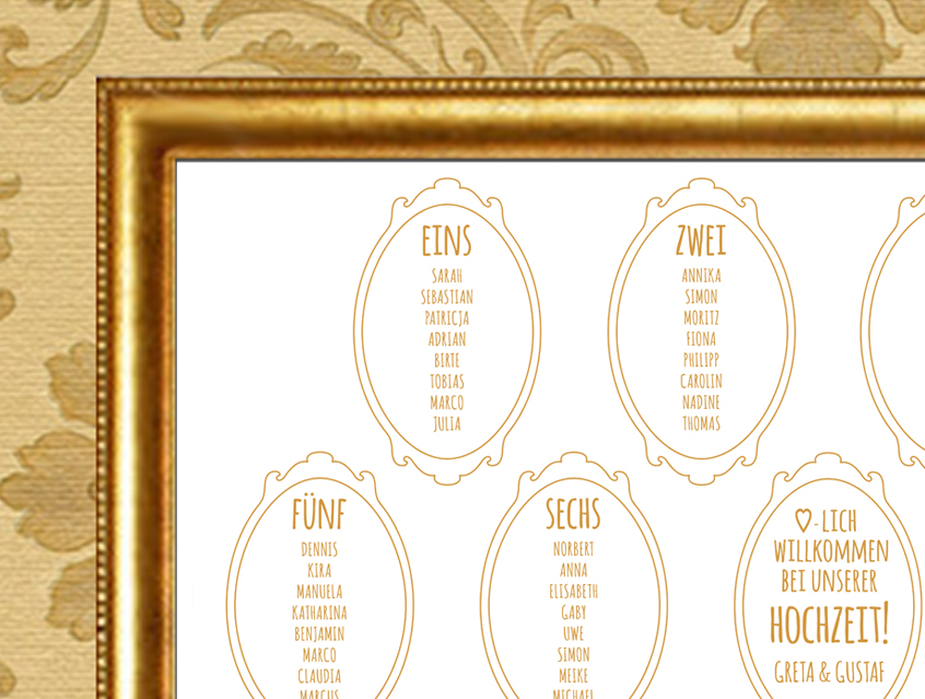 no. 7139 - Sitzplan Hochzeit Namen der Gäste Tischordnung Gästenamen Tisch Nummer Poster A2 oder A3 weiß gold goldfarben antiker Bilderrahmen