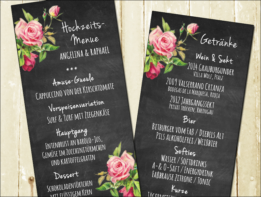 no. 7143 - Menue Menu Menükarte Hochzeitsmenü Hochzeitseinladung Hochzeitskarte chalkboard Kreide Tafel Rosen roses schwarz rosa vanille Vintage
