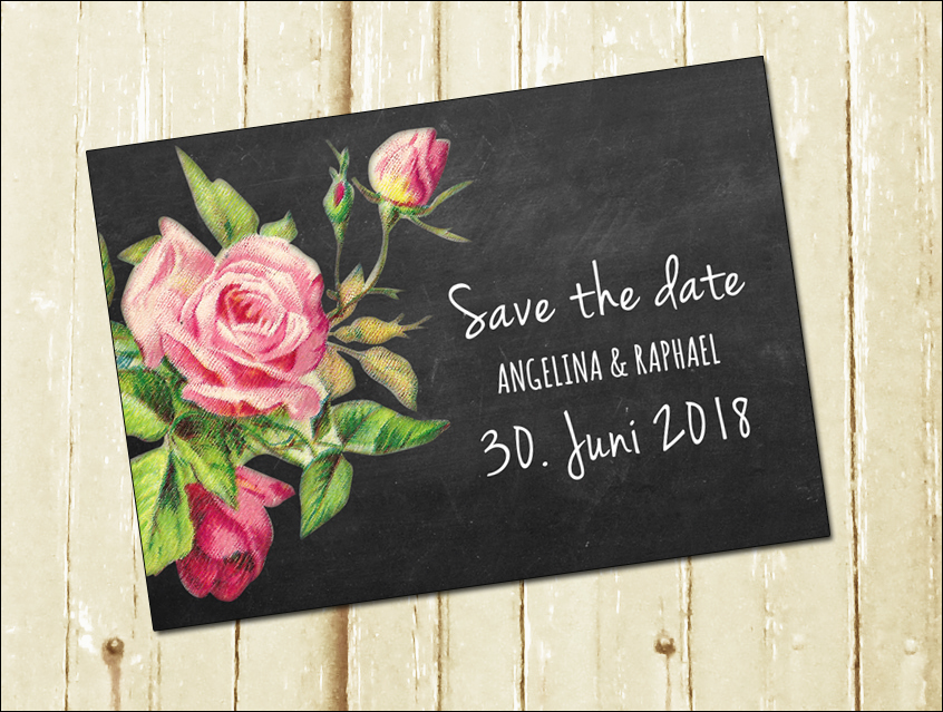no. 7143 - save the date save-the-date Einladung Hochzeit Hochzeitseinladung Hochzeitskarte chalkboard Kreide Tafel Rosen roses schwarz rosa vanille Vintage