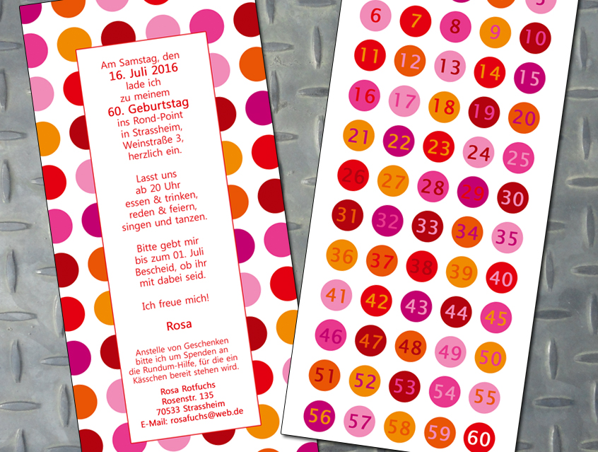 no. 8104 - Einladung Geburstag Geburtstagseinladung Dots Punkte bunt orange pink rosa Party Fest 20. 30. 40. 50. 60. 70. 80.