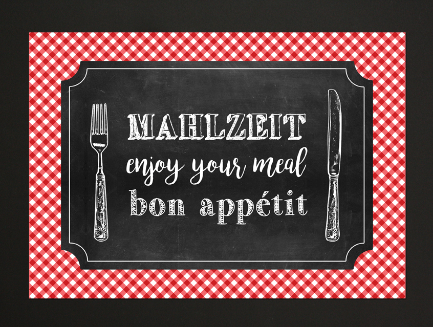 no. 8142 - Tischset Mahlzeit enjoy your meal bon appétit Set Tafel Kreide chalkboard rot-kariert rot-weiss Karo Schriften Typo